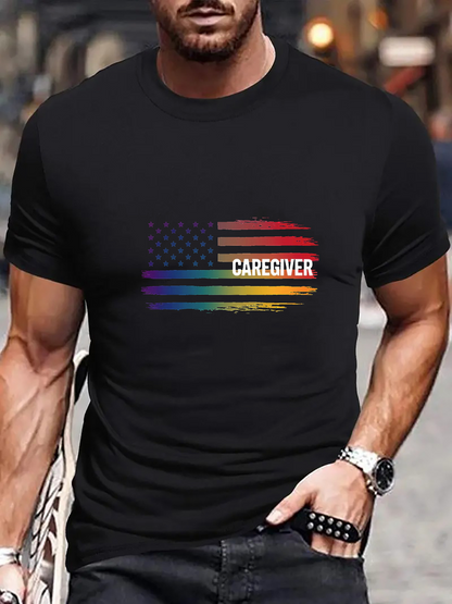 Men's Graphic T-Shirt Caregiver Rainbow Flag With Distressed Vintage Printed Stripes American Flag