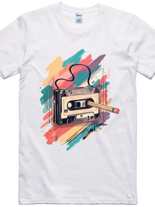Men's Graphic T-Shirt Vintage Cassette Tape With Colorful Brush Strokes And Pencil Art