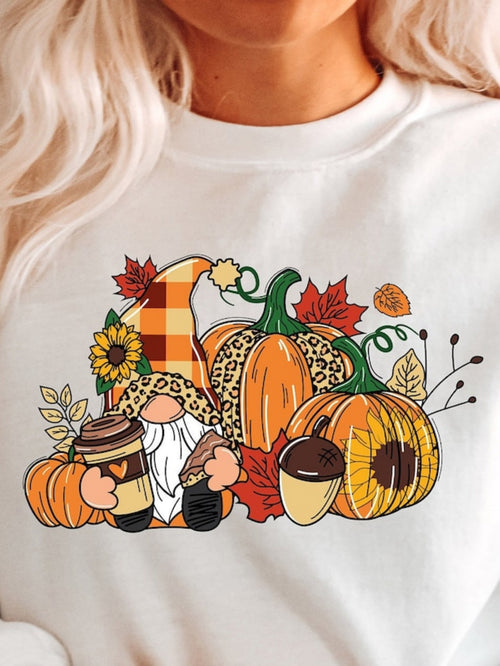 Women's Graphic T-Shirt Cozy Autumn Gathering With Gnomes Coffee Pumpkins Sunflower And Falling Leaves