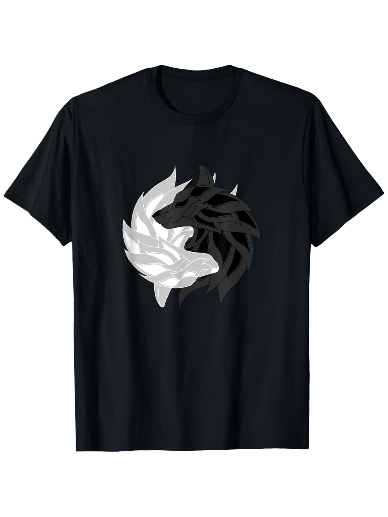 Men's Graphic T-Shirt Black And White Yin Yang Spirit Wolves Surrounded By Flowing Patterns