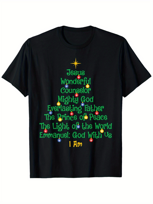 Men's Graphic T-Shirt Jesus Words Forming Christmas Tree With Glowing Star And Festive Lights