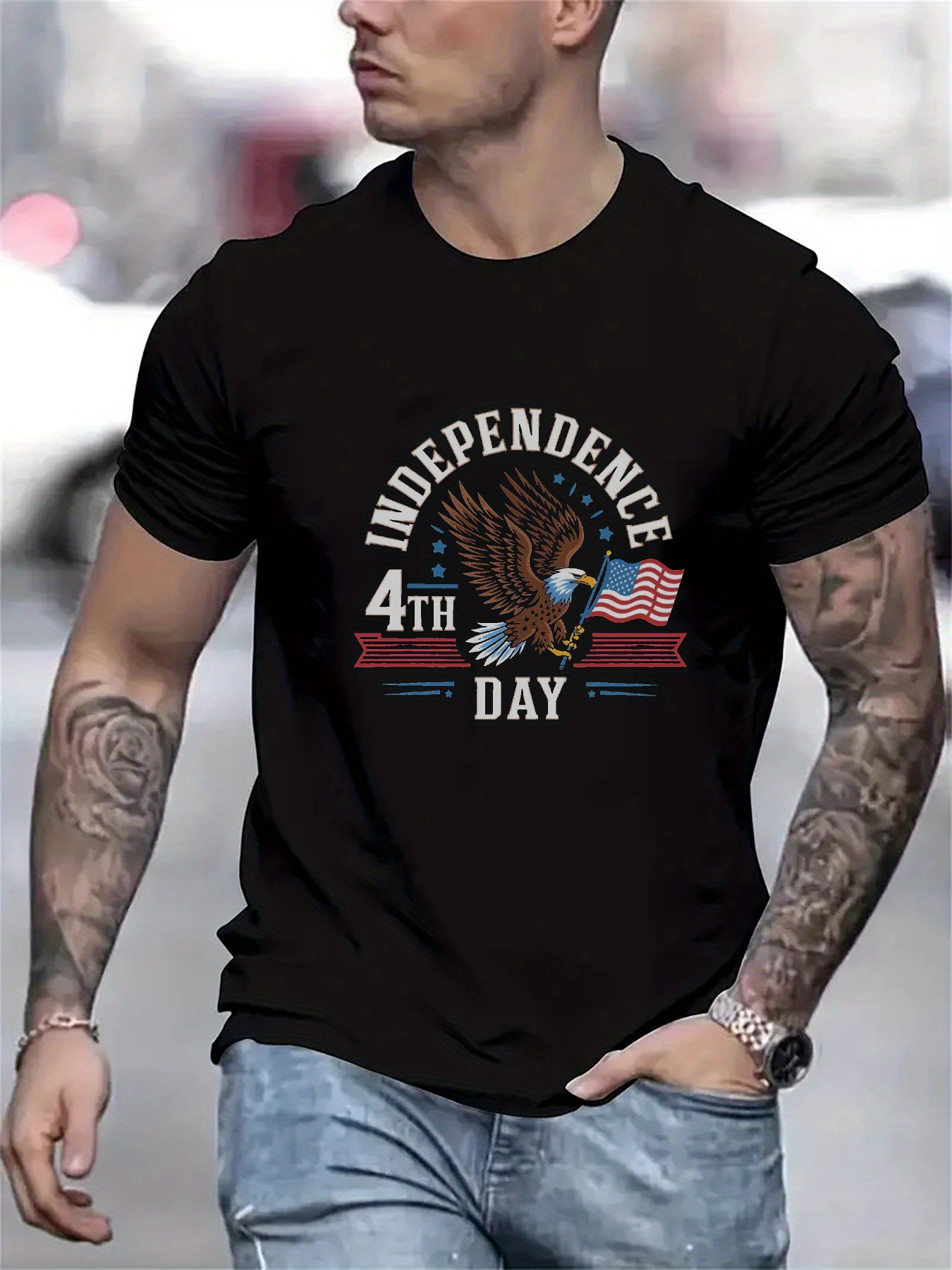 Men's Graphic T-Shirt Independence 4th Day Bald Eagle With American Flags Patriotic Design