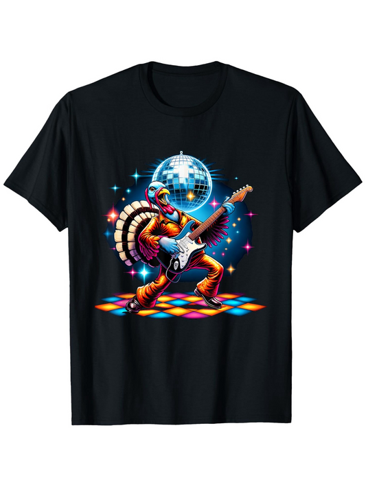 Men's Graphic T-Shirt Colorful Disco Stage With Dancing Turkey Playing Electric Guitar