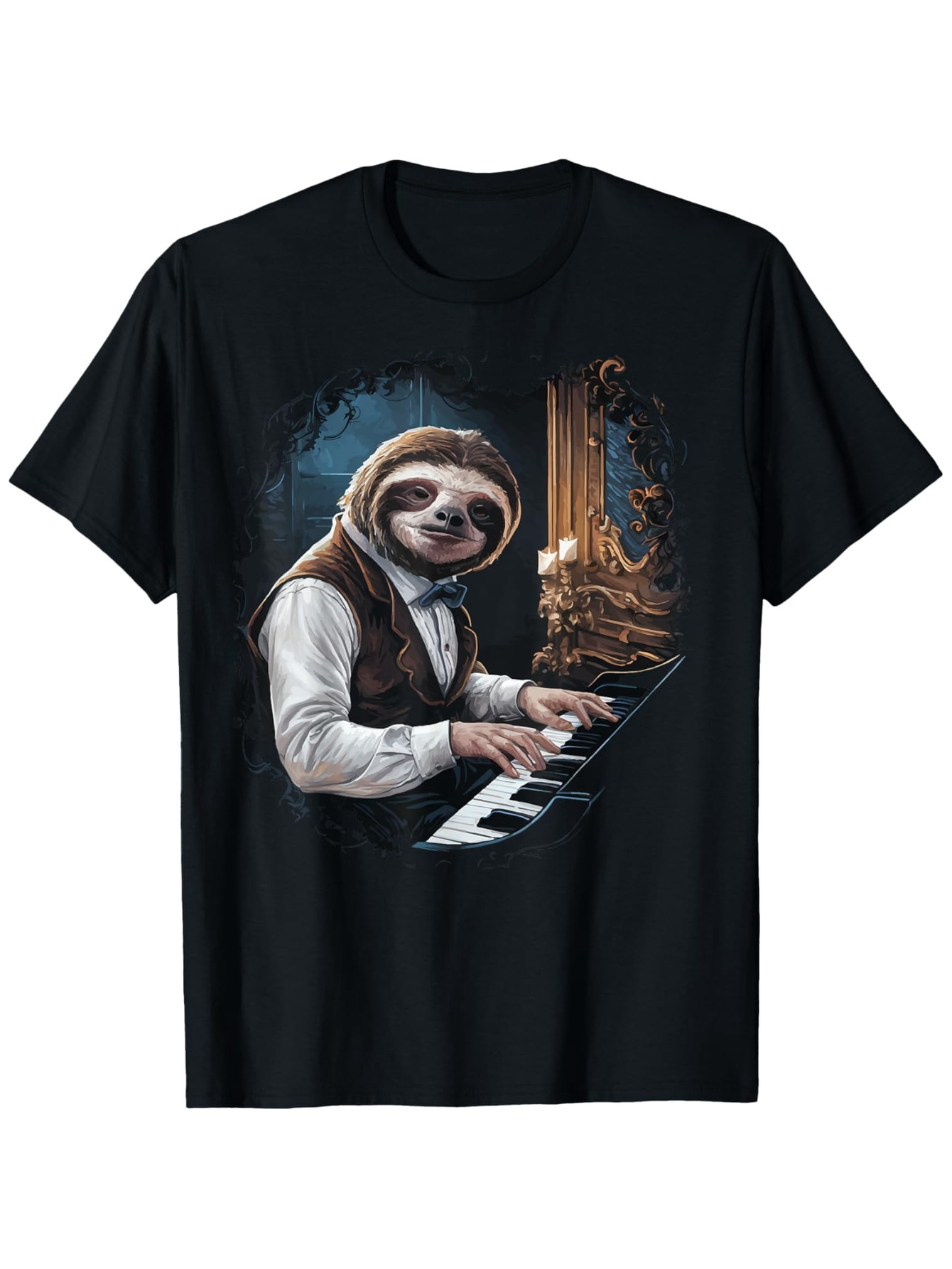Men's Graphic T-Shirt Elegant Candlelit Ballroom With Relaxed Sloth Playing Grand Piano