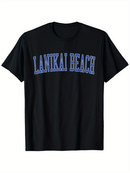 Men's Graphic T-Shirt Lanikai Beach Large Blue Letters On Plain Cotton Black Tshirt