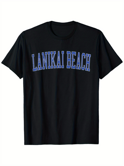 Men's Graphic T-Shirt Lanikai Beach Large Blue Letters On Plain Cotton Black Tshirt
