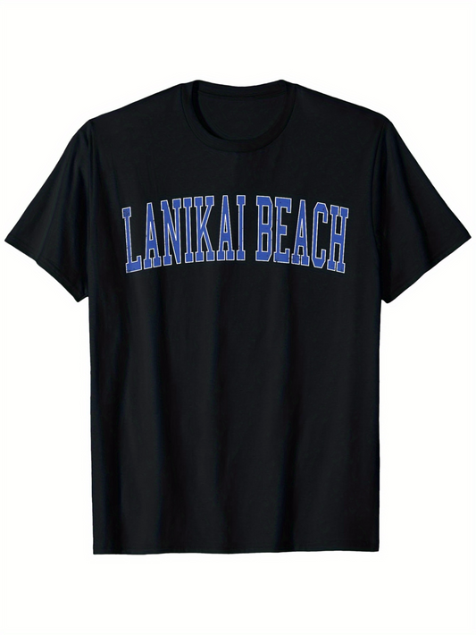 Men's Graphic T-Shirt Lanikai Beach Large Blue Letters On Plain Cotton Black Tshirt