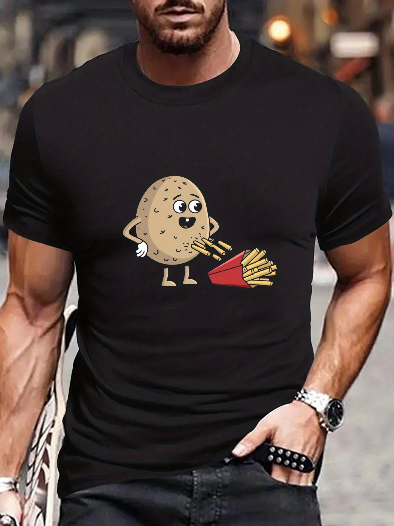 Men's Graphic T-Shirt Funny Potato Cartoon Character With French Fries Falling Beside Potato