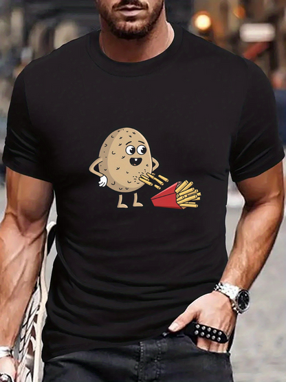 Men's Graphic T-Shirt Funny Potato Cartoon Character With French Fries Falling Beside Potato