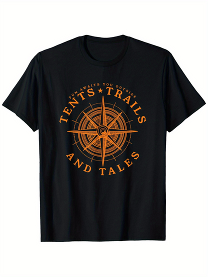 Men's Graphic T-Shirt Tents Trails And Tales Glowing Orange Compass Surrounded By Adventure Letters