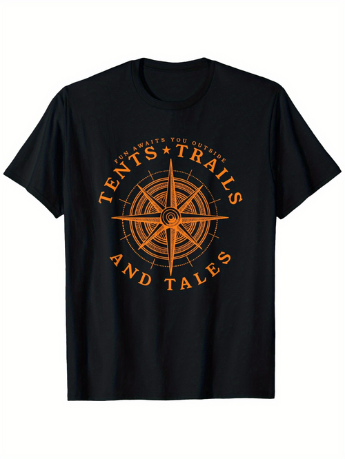Men's Graphic T-Shirt Tents Trails And Tales Glowing Orange Compass Surrounded By Adventure Letters