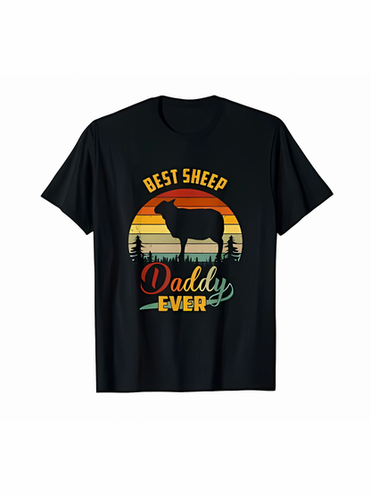 Men's Graphic T-Shirt Best Sheep Daddy Ever Vintage Sunset With Forest Silhouette Sheep