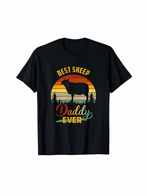 Men's Graphic T-Shirt Best Sheep Daddy Ever Vintage Sunset With Forest Silhouette Sheep