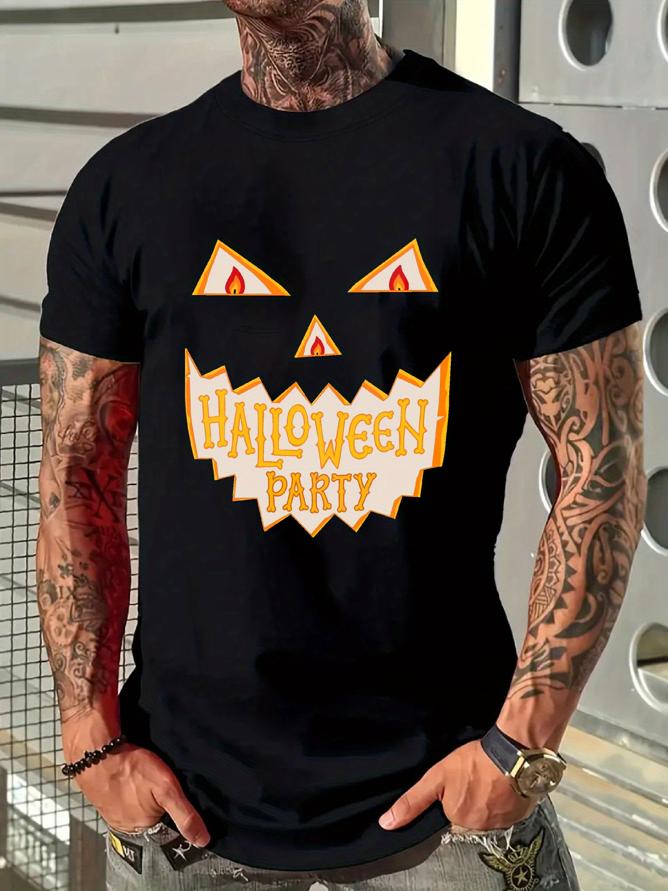 Men's Graphic T-Shirt Halloween Party With Orange Yellow Letters In Pumpkin Face Graphic