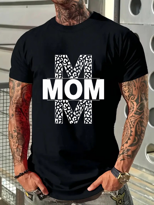 Men's Graphic T-Shirt Bold White Letter With Monochrome Leopard Patterned MOM