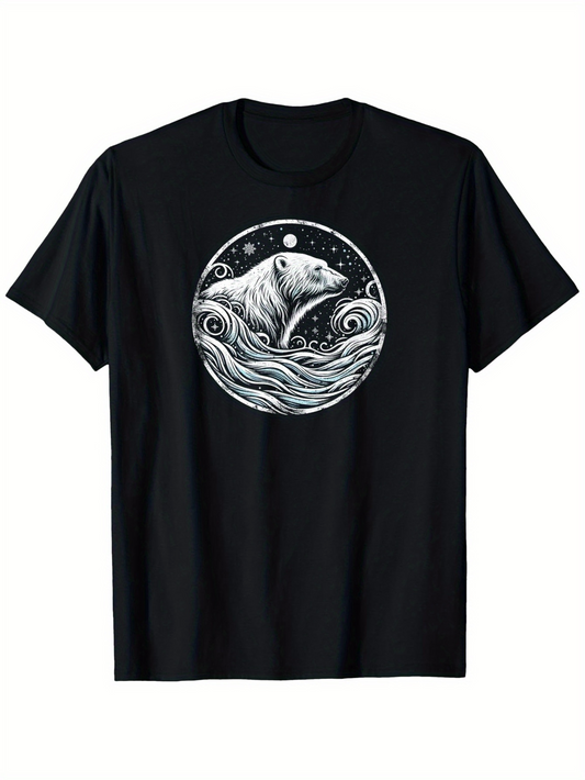 Men's Graphic T-Shirt Mystical Ocean Waves With Flowing Water Surrounding A Curious Polar Bear