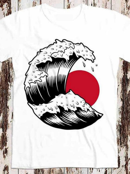 Men's Graphic T-Shirt Bold Black Sea Waves Curling With Striking Red Sun