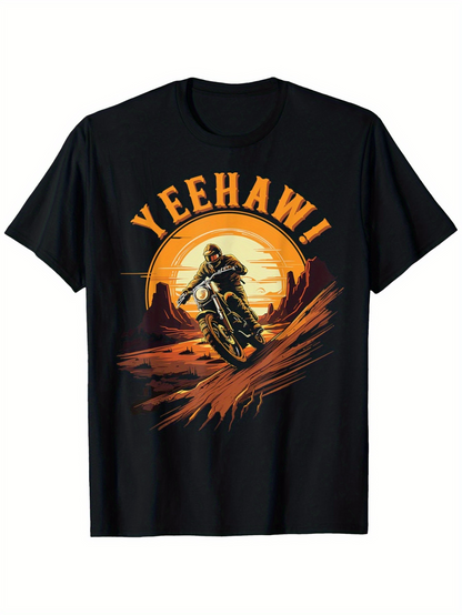 Men's Graphic T-Shirt Yeehawi Vibrant Sunset Desert With Speeding Motorcycle Rider