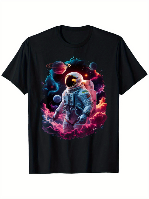 Men's Graphic T-Shirt Galactic Clouds With Vibrant Planets And Celestial Spacewalking Astronaut