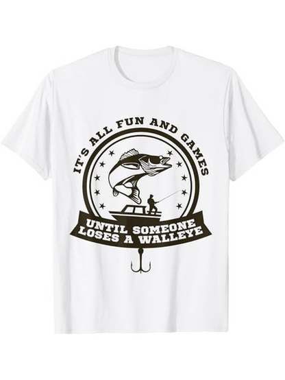 Men's Graphic T-Shirt Its All Fun And Games Giant Fish Jumping Over Lake With Fisherman In Boat
