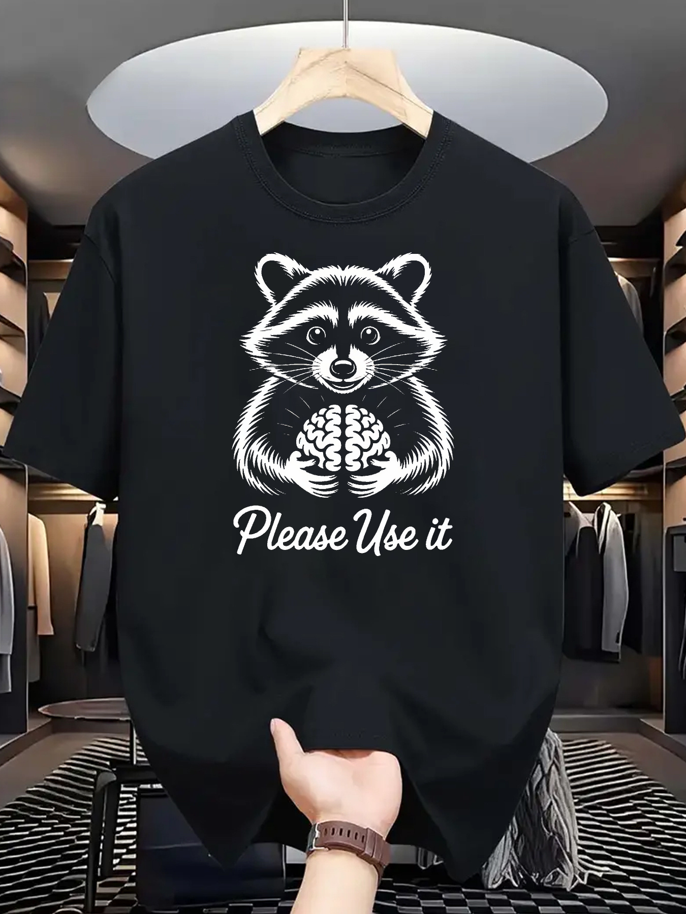 Men's Graphic T-Shirt Please Use It Cheeky Raccoon Holding Human Brain Design