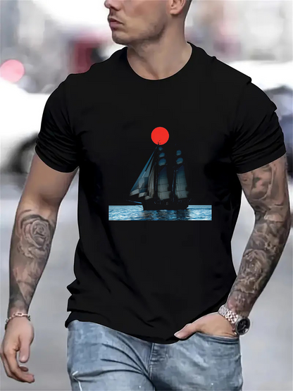 Men's Graphic T-Shirt Red Sunset Reflected Over Tranquil Waters With Shadowy Sailboat