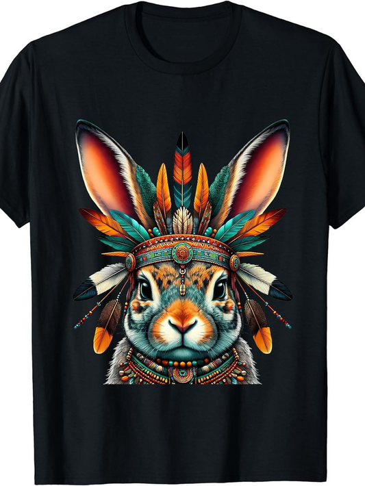 Men's Graphic T-Shirt Vivid Feathers And Tribal Details Surrounding A Wise Rabbit
