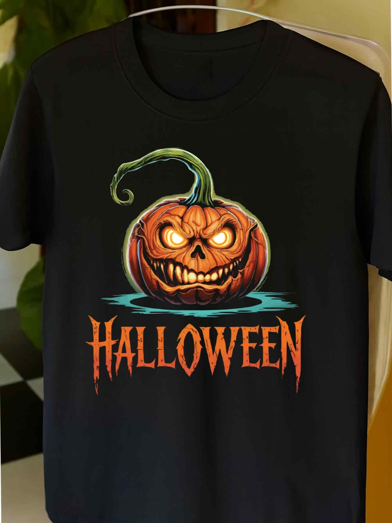Men's Graphic T-Shirt Halloween Creepy Grinning Pumpkin Glowing In Moonlit Shadows