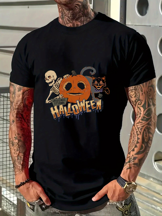 Men's Graphic T-Shirt Halloween Spooky Pumpkin Surrounded By Skeleton And Cat Graphic Shirt