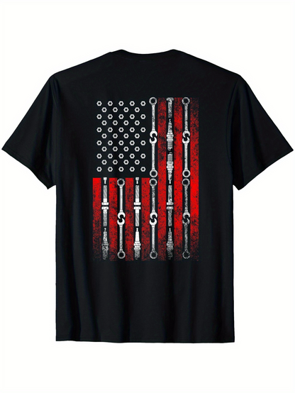 Men's Graphic T-Shirt American Flag With Red Stripes And Silver Mechanical Wrenches
