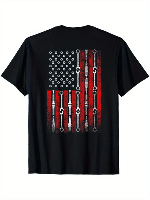 Men's Graphic T-Shirt American Flag With Red Stripes And Silver Mechanical Wrenches