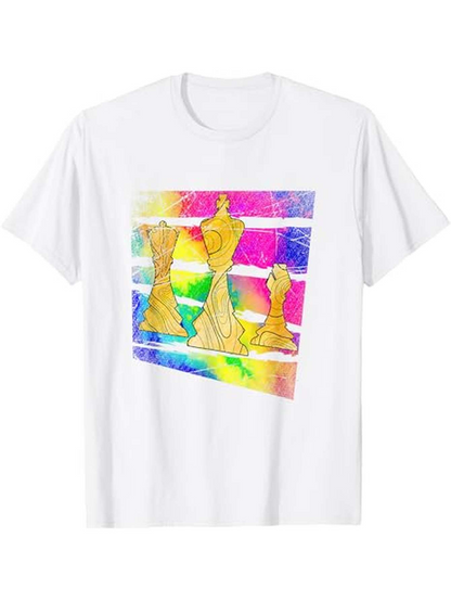 Men's Graphic T-Shirt Vibrant Rainbow Abstract Geometric Design With Golden Chess Pieces