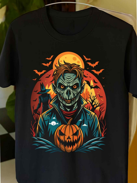 Men's Graphic T-Shirt Full Moon Night With Spooky Bats And Pumpkin Masked Villain