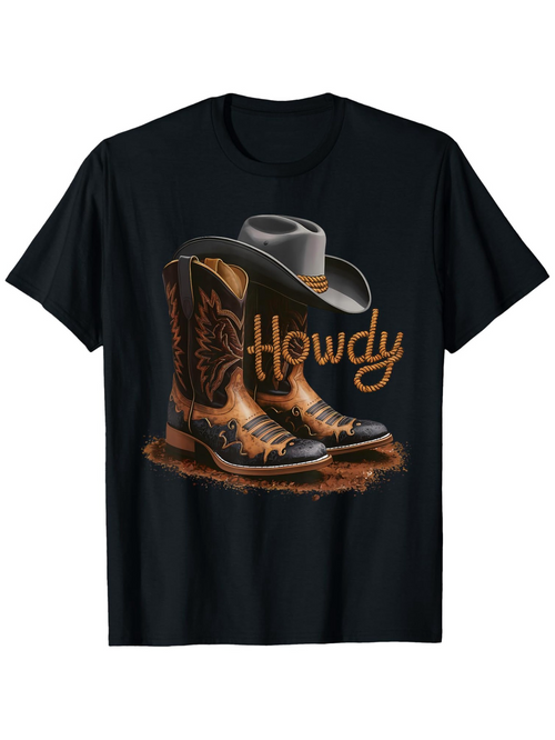 Men's Graphic T-Shirt Howdy Rustic Cowboy Hat With Weathered Leather Boots