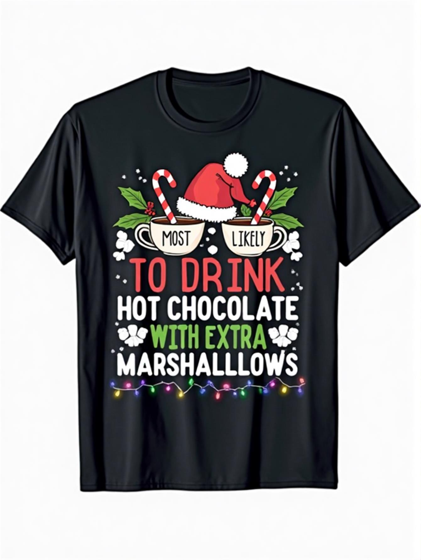 Men's Graphic T-Shirt Festive Santa Hat With Candy Canes Hot Chocolate Mug Surrounded By Lights