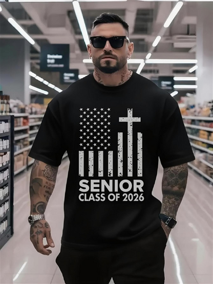 Men's Graphic T-Shirt Senior Class Of 2026 Grunge American Flag With Christian Cross T Shirt