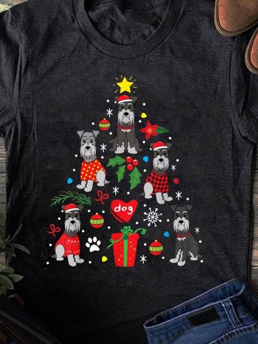 Men's Graphic T-Shirt Festive Holiday Tree With Schnauzer Dogs Santa Hats Christmas Gift