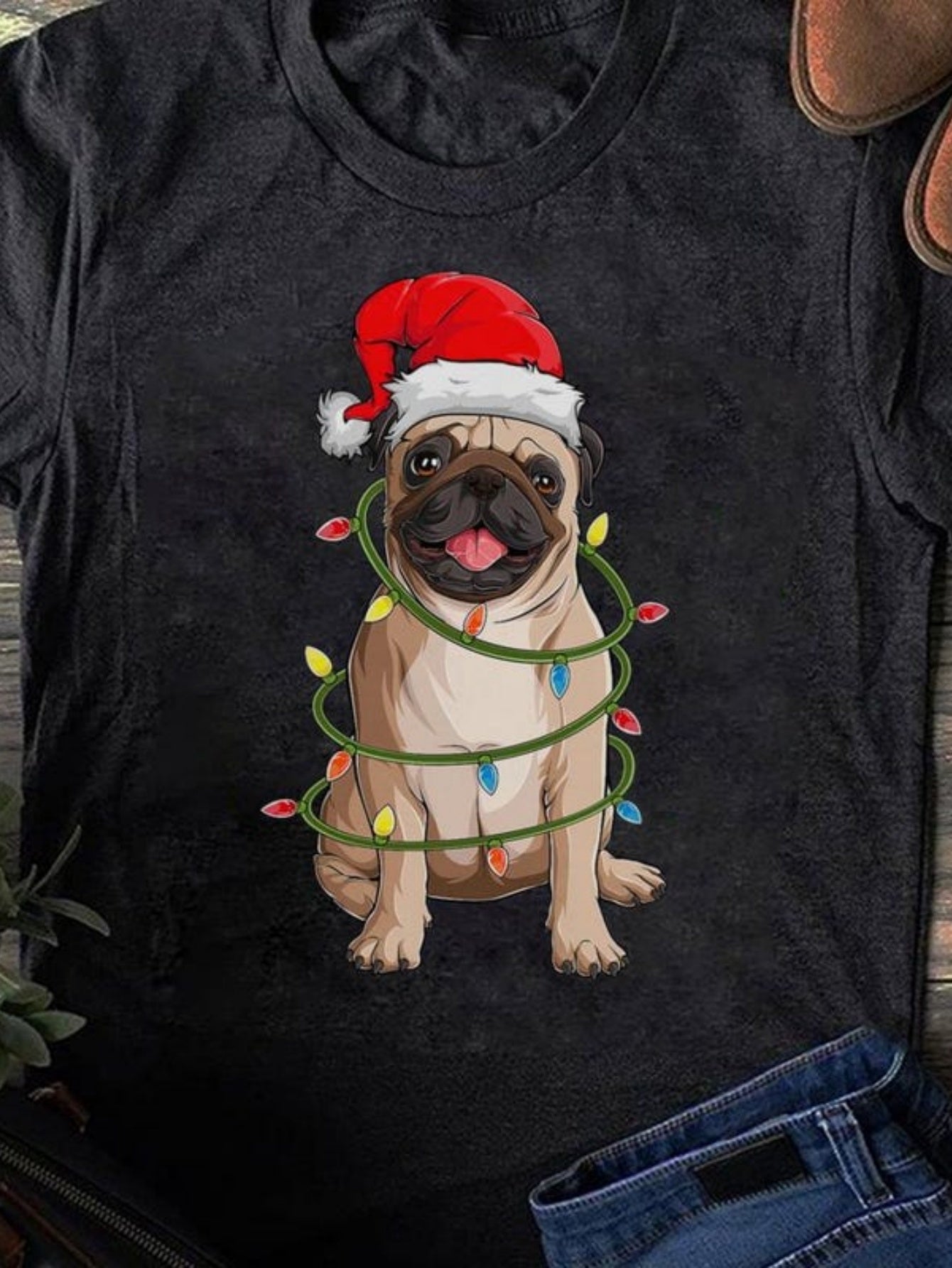 Men's Graphic T-Shirt Festive Pug With Christmas Lights Wearing Red Santa Hat Pug