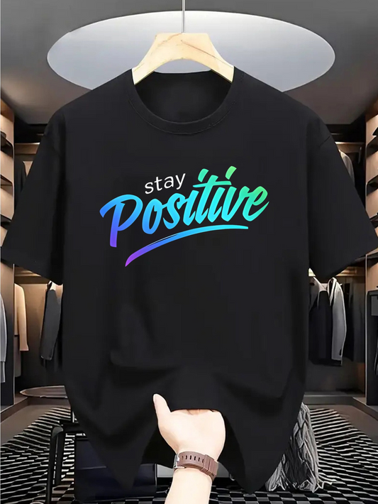 Men's Graphic T-Shirt Stay Positive Colorful Lettering With Blue And Green Artistic Cursive Word