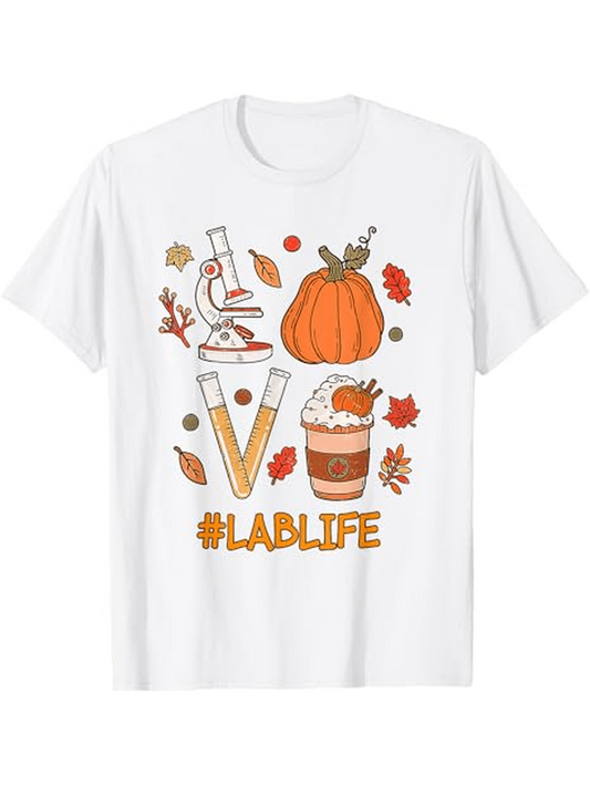 Men's Graphic T-Shirt Lab Life Autumn Leaves Microscope And Pumpkin Coffee Science