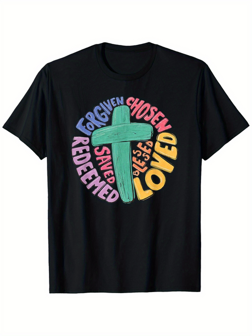 Men's Graphic T-Shirt Redeemed Chosen Saved Loved Colorful Chalk Style Cross