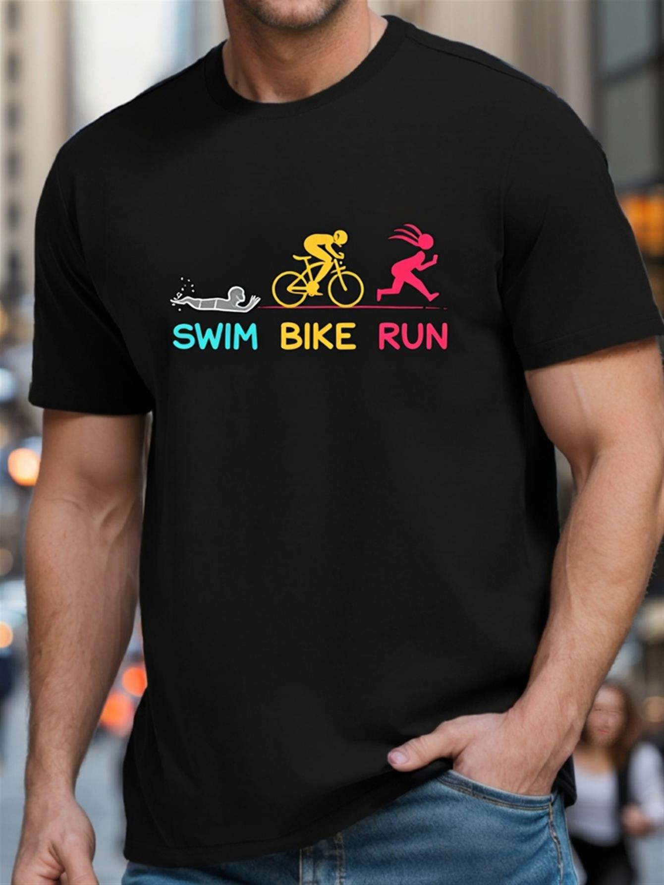 Men's Graphic T-Shirt Swim Bike Run With Colorful Silhouettes Showing Triathlon Activities