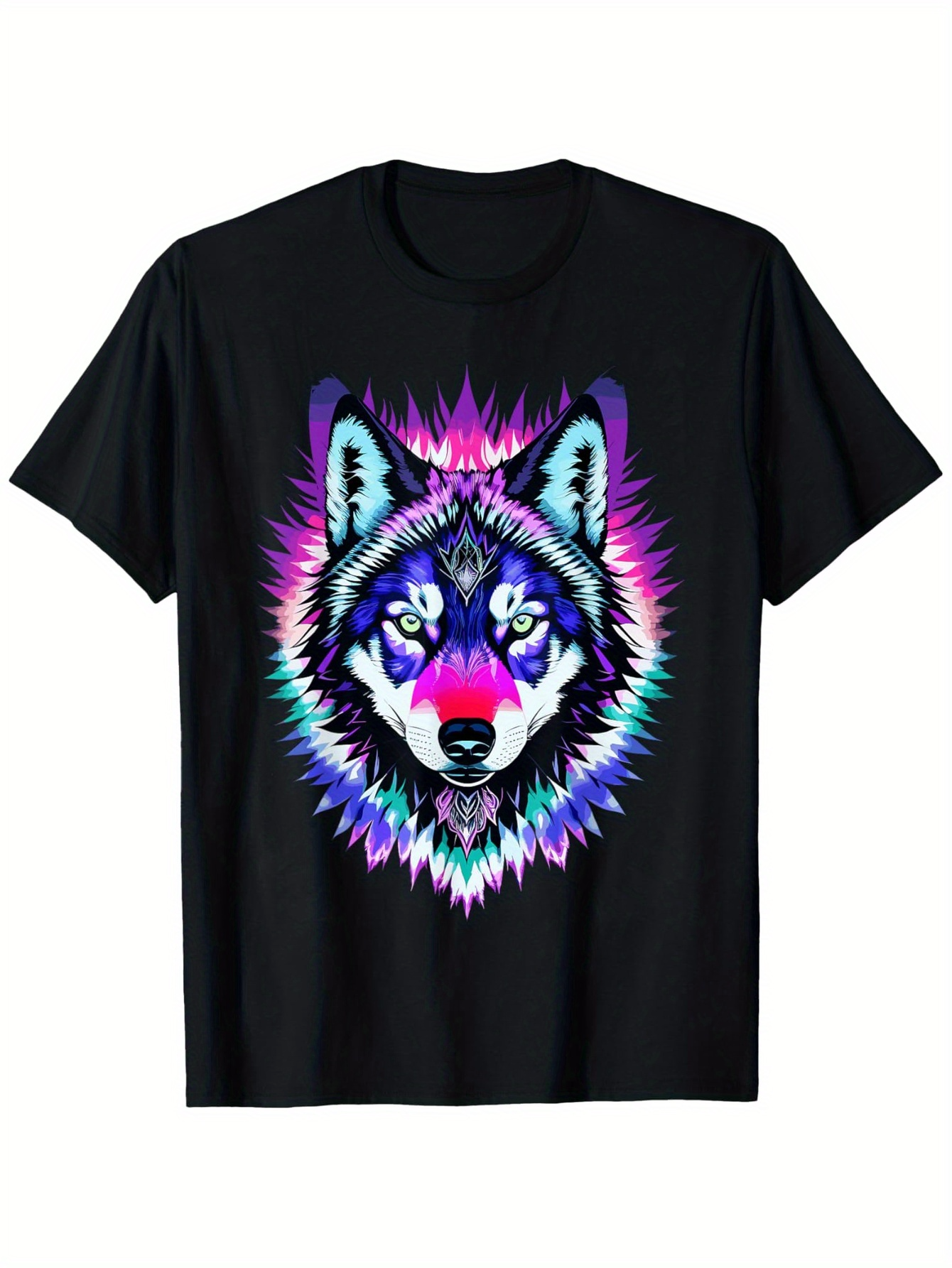 Men's Graphic T-Shirt Electric Blue Purple Aurora Night Howling Spirit Wolf