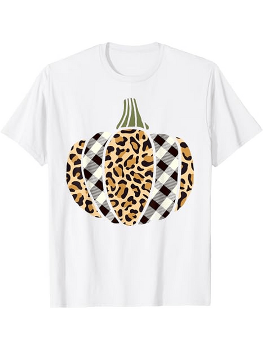 Men's Graphic T-Shirt Leopard And Plaid Patterned Harvest Pumpkin Artwork Pumpkin