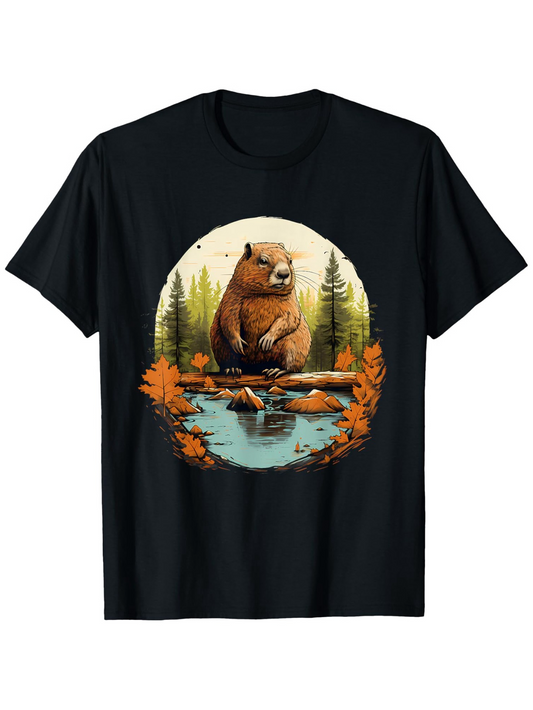 Men's Graphic T-Shirt Peaceful Autumn Lake With Reflections Surrounding A Solitary Brown Bear