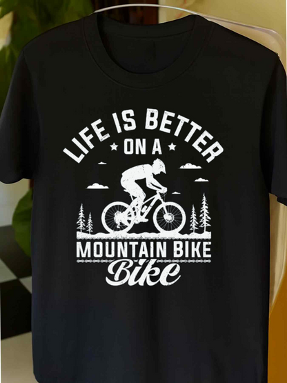 Men's Graphic T-Shirt Life Is Better On A Mountain Adventure Bike Rider With Pine Trees