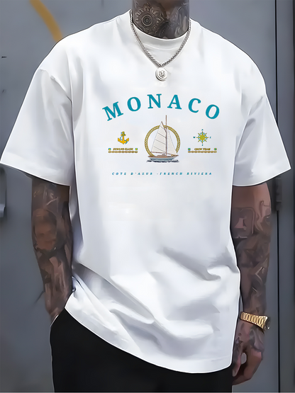 Men's Graphic T-Shirt Monaco Sailing Emblem With Decorative Crowns And Text Sailboat