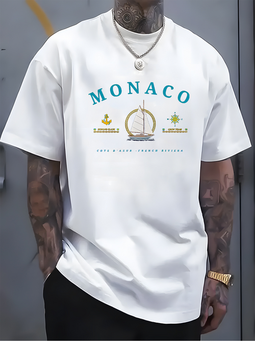 Men's Graphic T-Shirt Monaco Sailing Emblem With Decorative Crowns And Text Sailboat