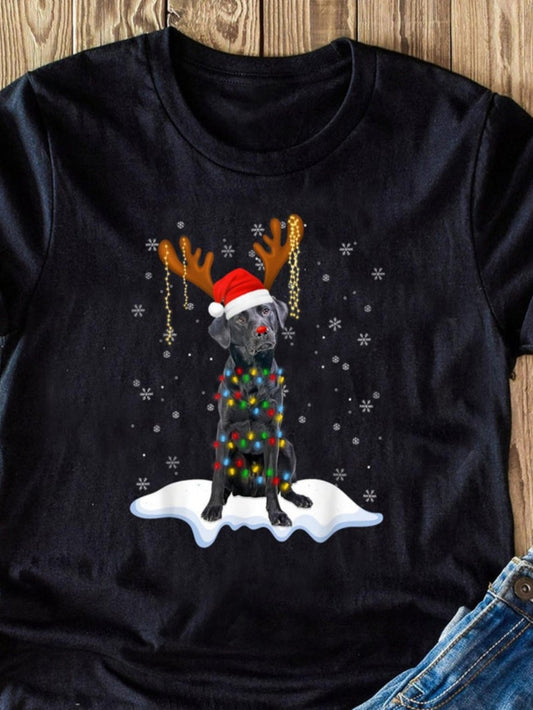 Men's Graphic T-Shirt Snowy Festive Holiday Lights Decorated Dog Wearing Santa Hat