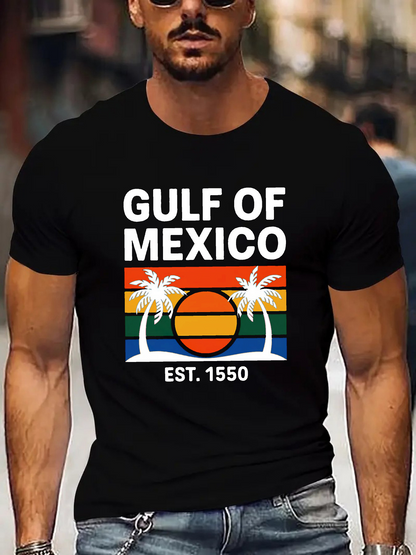 Men's Graphic T-Shirt Gulf Of Mexico Colorful Stripes With Palm Trees And Sunset Scene